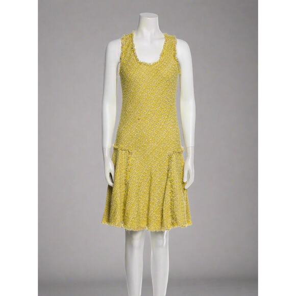 [Designer] LANVIN Tweed, Scoop-Neck, Fit-and-Flare Metallic Yellow Dress Size 8 - Picture 1 of 3